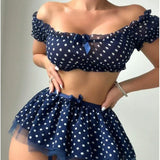 Women's Polka Dot Shoulder Revealing Puffy Skirt Set Sexy Lace Top Skirt Thongs Underwear Suits Mesh Perspective Exotic Sets