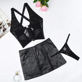Toucheart Erotic Lingerie New High-quality Leather and Fabric Spliced mesh Sexy Strap Cross Halter Neck Sexy Hot Underwear Set