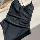 Vintage Black White Patchwork One Piece Swimsuit 2026 Women Hollow Out Back Cross Backless Bathing Suit Holidy Swimwear Monokini
