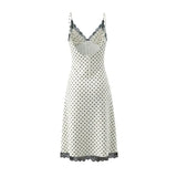 Style Lace Trim Spliced Camisole Dress For Women Polka Dot Print Vacation Beach Long Dress Backless Deep V Sleeveless Dress 82UF