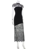 Ahagaga Fashion Women's Maxi Dresses Lace Patchwork Sexy Sheer Split Bodycon Slim Fit Turtleneck Sheath Female Party Vestidos
