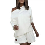2 Pcs/Set Women Tracksuit One-shoulder Short Pants Solid Color Leisure Summer Top Set
