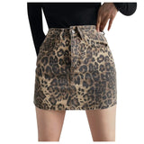 Womens Leopard Print Denim Mini Skirt High Waist Bodycon Pencil Skirts Sexy Slim Fit Hip Wrapped Night Club Skirts Streetwear
