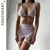 Toucheart Sexy Lingerie for Women Solid Color Mesh See-through Women's Plunge Underwear Suit Sexy Garters Lingerie 4-piece Set