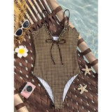 S - XL Striped Plaid V Neck Women Swimwear One Piece Swimsuit Female Frilled High Leg Cut Padded Bather Bathing Suit Swim V8288
