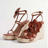 Flower Square Toe High-Heeled Shoes for Women, Slope Heels, Summer Gold One-Piece Sandals High-End Grass Woven Sandals for Women