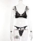 Toucheart Sexy Hollow Out Halter Chain Lingeries Bra Set Exotic Glossy Pu Leather Set Underwear For Women Bra Set Sexy Lingerie