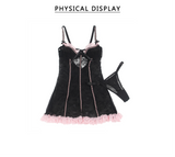 Black Sexy Lace Ruffled Suspender Babydoll Nightdress for Women Push Up Chemise Sleepwear Lingerie