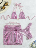 3PCS with Skirt Shiny Snake Skin Bikini Women Swimwear Female Swimsuit Three-pieces Bikini Set Halter Bathing Suit Beach Wear