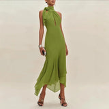 Temperament Halter Neck Long Dresses Women Green Backless Leace-up Irregular Package Hip Party Dress Elegant Banquet Vestidos