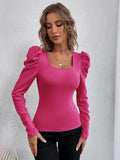 Phantasy New Y2k Tops Fashion Square Collar Slim Leg Sleeve Knitted Bubble Long Sleeve T-shirt Casual Style Vintage Clothing