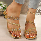 Luxury Gold Thick Heeled Sandals Women Summer Plus Size Square Toe Crystal Sandles Woman Fashion Slip On High Heel Party Shoes