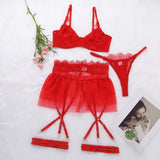 Toucheart 4 Piece Set Sexy Lingerie Set Lace Perspective Bra Women Mesh Patchwork Ruffled Skirt Garter Socks Sexy Underwear Suit