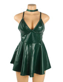 Women Black Nightclub Short Dresses Deep V-Neck Sleeveless Vestidos Faux Leather Suspenders Sexy Nightdress Plus Size Baby Doll