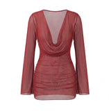 Women's Summer Solid Color Sheer Beach Mini Dress Long Sleeve Deep V Neck Swim Cover Up Swimwear for Pool Vacation