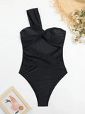 Sexy One Shoulder One Piece Swimsuit 2025 Women's Black Hollow Out Pleate Tummy Control Swimwear Summer Bathing Suit Monokini