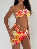 3D Floral Halter Bandeau Bikinis 2026 Padded Swimsuit Women 3 Pieces Swimwear Female Bather Bathing Swimming Swim Suit Beachwear