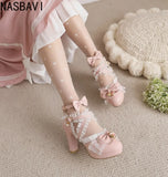 Girls Lace Strap Women 9cm High Heels Mary Jane Pumps Party Wedding Dress Princess Lolita Shoes Blue White Ankle Sandals 33-46