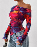 Women's Off-Shoulder Ruffled Sleeve Long-Sleeve Top with Asymmetrical Tie-Dye Mesh Asymmetrical Pleated Floral Print T-Shirt