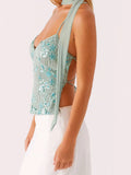 Women Camisoles Sequins Beaded Flower Embroidery V-Neck Casual Camis Tops Summer Fashion Sleeveless Crop Tops with Choker Scarf