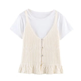 Fashion Casual Hollow-out Knitwear Women Cream White Crochet Knit V Neck Button Front Ruffle Hem Sleeveless Casual Crop Top 38V2