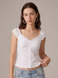 Women Square Neck Tops Botton Down Cap Sleeve Crop Blouse Summer Retro Casual Daily Office  Back Tie Shirts