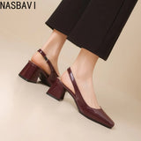 NASBAVI Vintage Womens Square Toes Pumps 6CM Chunky Heels Slingback Sandal Shoes Ladies Summer New Woman Lady Female Sandals
