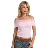 Women Summer Solid Color Off the Shoulder Crop Tops Lace Trim Slim Fit Boat Neck T-shirts
