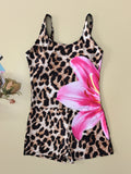 Sexy Brown Leopard Floral Print One Piece Swimsuit 2026 Women U Neck Slim Tummy Control Bathing Suit Holiday Swimwear Monokini