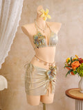 Women embroidery flower glitter metallic bikinis sets 3pcs with split mini skirt swimsuit bathing suit beach outfits biquini