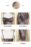 Women Sexy Leopard Print Slip Nightdress Removable Padded Drawstring High Slit Midi Nightgown Loungewear