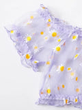 Mesh Floral Printed Off Shoulder 2Pcs Lingerie Set for Women Sexy Underwear Transparent Tops+Shorts Panties Exotic Sets
