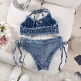 DEKA Retro Women Bikini Denim Suits Summer Halter Camis+ Mini Pant Lingerie Fashion Vacation Swimsuits Sexy Bra&Briefs Sets