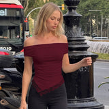 FDYOUI Woman Clothing Slash Neck T-shirts 2026 Summer Sleeveless Lace Patchwork White T Shirt Y2K Girls Irregular Corset Tee Top