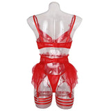 Toucheart 4 Piece Set Sexy Lingerie Set Lace Perspective Bra Women Mesh Patchwork Ruffled Skirt Garter Socks Sexy Underwear Suit