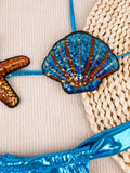 New Shiny Sequin Shell Starfish Bikini Set Women Sexy Push Up Pleate Thong Swimsuit Brazilian Beach Bathing Suit Micro Swimwear