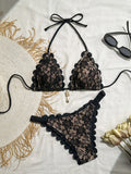 Sexy Black Lace Micro Bikini 2026 Women Metal Ornament Ruffles Push Up Bra Thong Swimwear Summer Bathing Suit Holiday Swimsuit