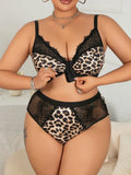 Plus Size Leopard Print Lingerie Set, Ultra-thin Lace Spliced Push-up Full Bust Support Bra