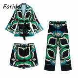 Foridol Oversized Green Print Boho Women Shorts Sets Shirts Shorts Pants Three Pieces Fashion Suits Matching Sets 2025 Summer