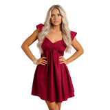Women Summer Solid Color A-Line Dress Casual Sweetheart V-Neck Flutter Sleeves Mini Dresses for Beach Party Club