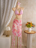 Vintage Pink Floral Tie Dye Gradient Bikini Set 2026 Women 3D Flower Push Up Bra Cover Up 3 Piece Swimwear Bathing Suit Swimsuit