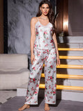Ice Silk Stain Pajamas Set for Women 2-piece Set V-neck Floral Printed Halter Tops and Shorts Pyjamas Loungewear Sleepwear