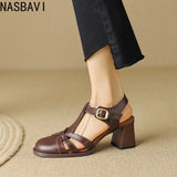 Women's Roman Gladiator Sandals Summer New Khaki Brown Hollow Out T-Strap High Heels Korean Top Quality Mary Jances Sandals