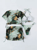4 Pieces Halter Bikini Swimsuit With Marble Print Cover Up 2026 Swimwear Female Beachwear Bathing Swimming Suit Women Summer