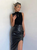 WOMENGAGA High Waist Slim Side Split PU Leather Skirt For Women Spring/Summer Irregular Split One Step Skirt Mid Length 761R