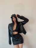 2023 Autumn Sweet Winter Black Sexy Tight High Waist Leather Mini Skirt Reflective PU Hot Sexy Korean Women Sweet 9SVK