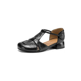 French Slip-on Single Shoes Retro British Shoes for Women Brown T-Strap Shallow Flat Sandals Soft Leather Rome  Summer New 32-43