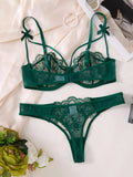 Green Floral Lace Lingerie Set Sheer Mesh Underwire Bra With Bow & Thong Women Sexy Underwear ZA824057
