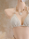Vintage Coffee Leaves Print Mesh Skirt 3 Piece Bikinis Sets 2026 Women Beach Pearls Push Up Thong Swimsuit Bathing Suit Swimwear