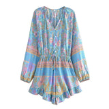 Long Sleeve Spring Summer Short Jumpsuit Women Printed Bohemian Wide Leg Playsuit Female Romper Ruffles Rayon Boho Overalls 2025